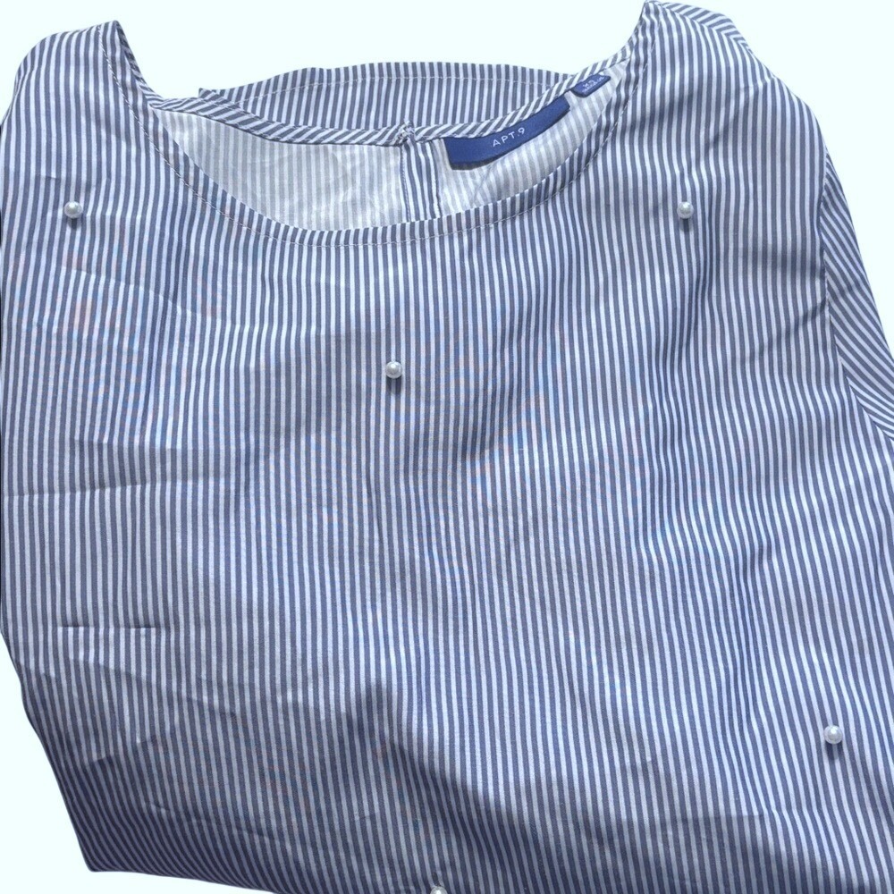 Apt. 9 Blue White Striped Pearl Embellished Bell Sleeve Blouse XS - Picture 7 of 9